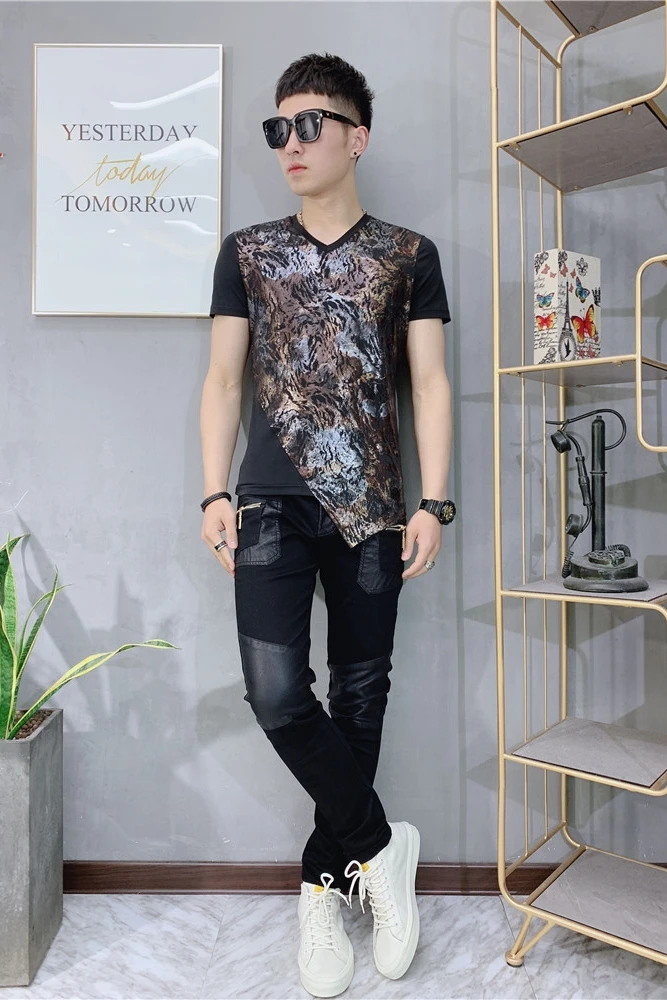 

V-neck new mens Spring 2021 Hip Hop Leather T-shirt tide male short-sleeved shirts skinny Fashion stitching T Shirt