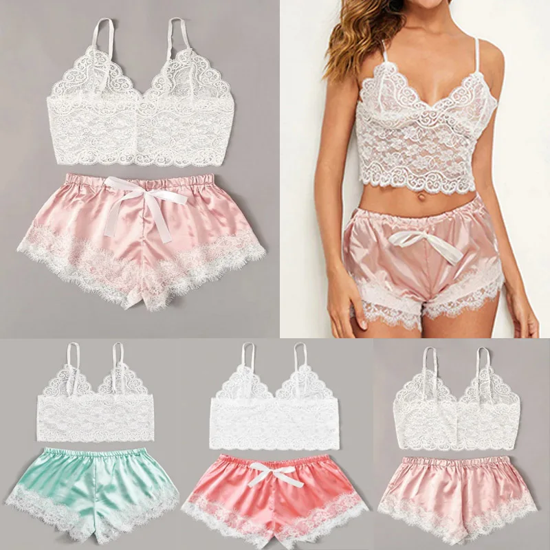 Sale Floral Lace Cami Top With Satin Shorts Lingerie Set Women Summer Sexy Sets Ladies Bra And Panty Sleepwear Pajama suit
