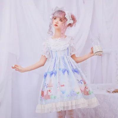 

JSK Gothic Lolita Dress Court Vintage Pink Printing Cute Girl Cosplay Costume Kawaii Lace Falbala Bowknot Boatneck Flare Bubble