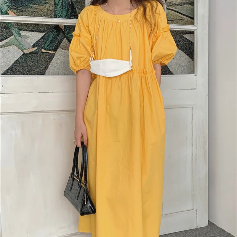 

Hzirip O Neck Puff Sleeves Sweet Age-Reducing Fungus Design Stitching Ladies 2021 Hot All-Match Slim Fashion Solid Color Dress