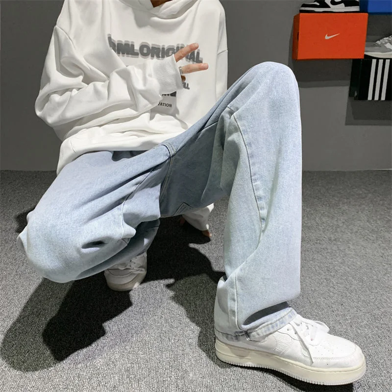 Baggy Drawstring Jeans Men Fashion Retro Casual Wide-leg Jeans Men Streetwear Loose Hip-hop Straight Denim Pants Mens Trousers