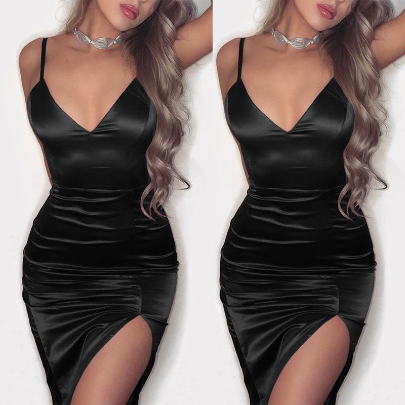 

New Women Summer Split Dress Sexy Fashion Party Club V Neck Spaghetti Strap Satin Women Sleeveless Short Mini Dress