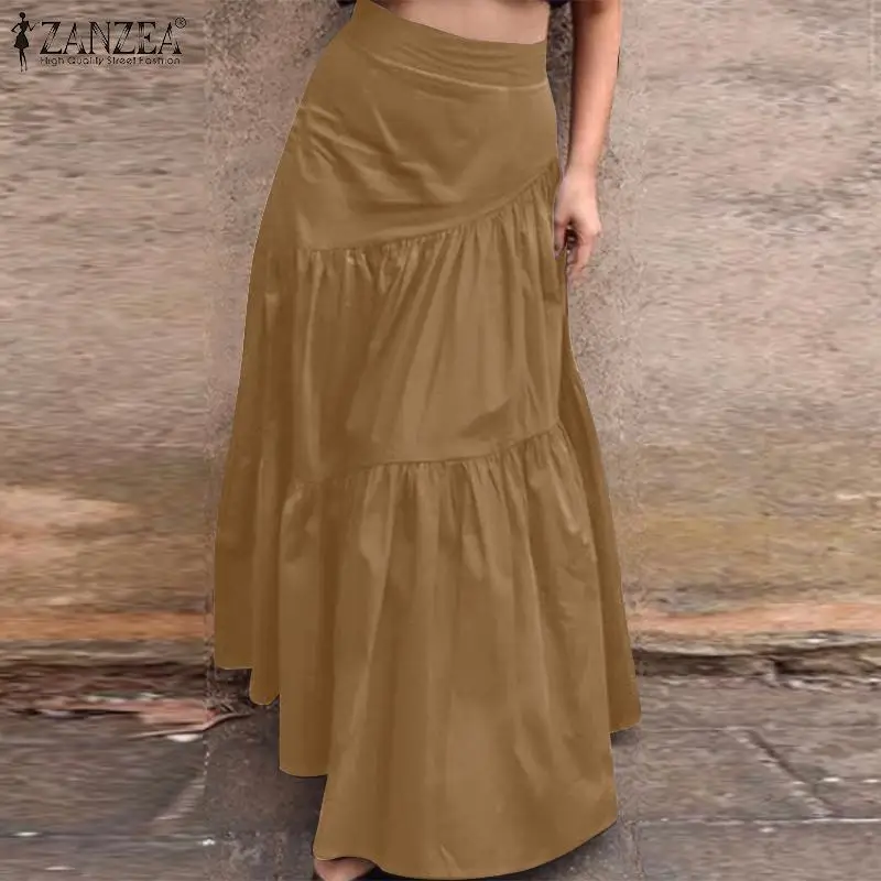 

ZANZEA Асимметричная Женская юбка 2021 летняя плиссированная макси Vestidos Повседневная однотонная трапециевидная юбка женские вечерние юбки на м...