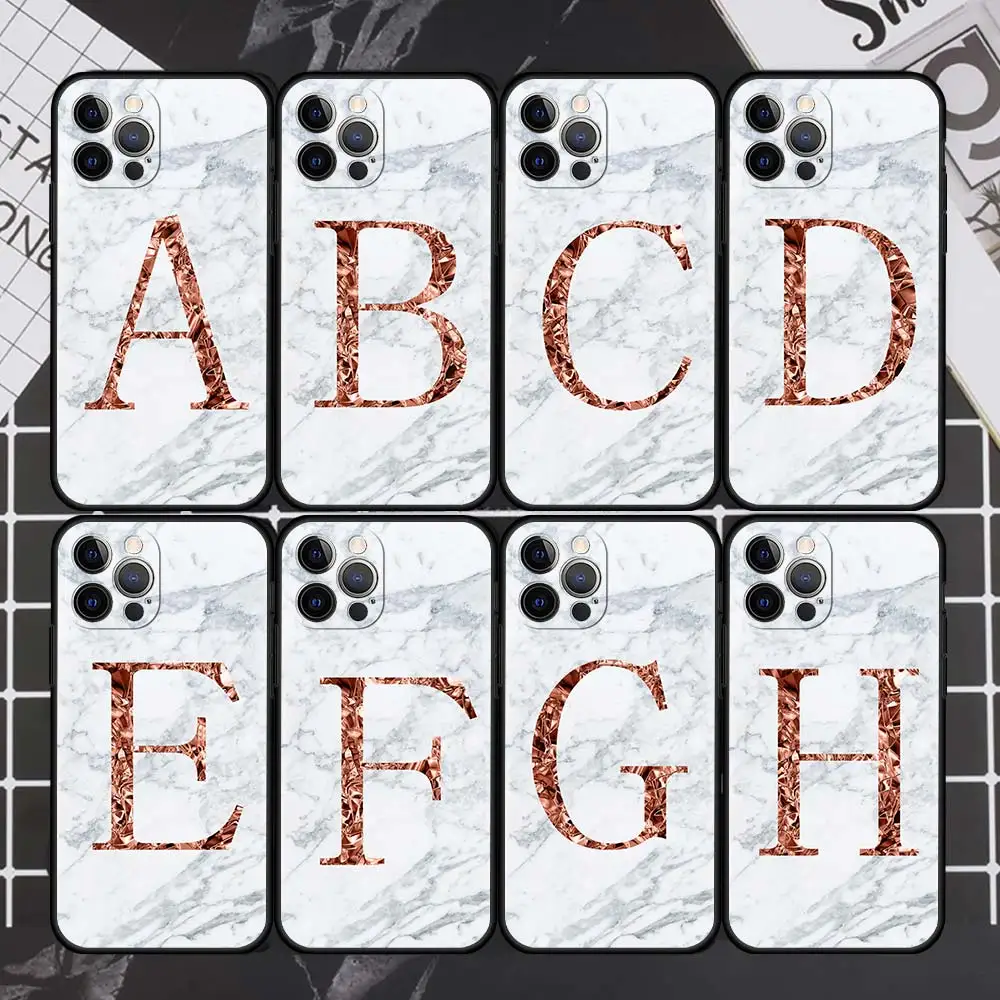 

Letter A B C D white marble Case For Apple iPhone 11 13 12 Pro 7 XR X XS Max 8 6 6S Plus 5 5S SE 2020 13Pro Black Phone Cover