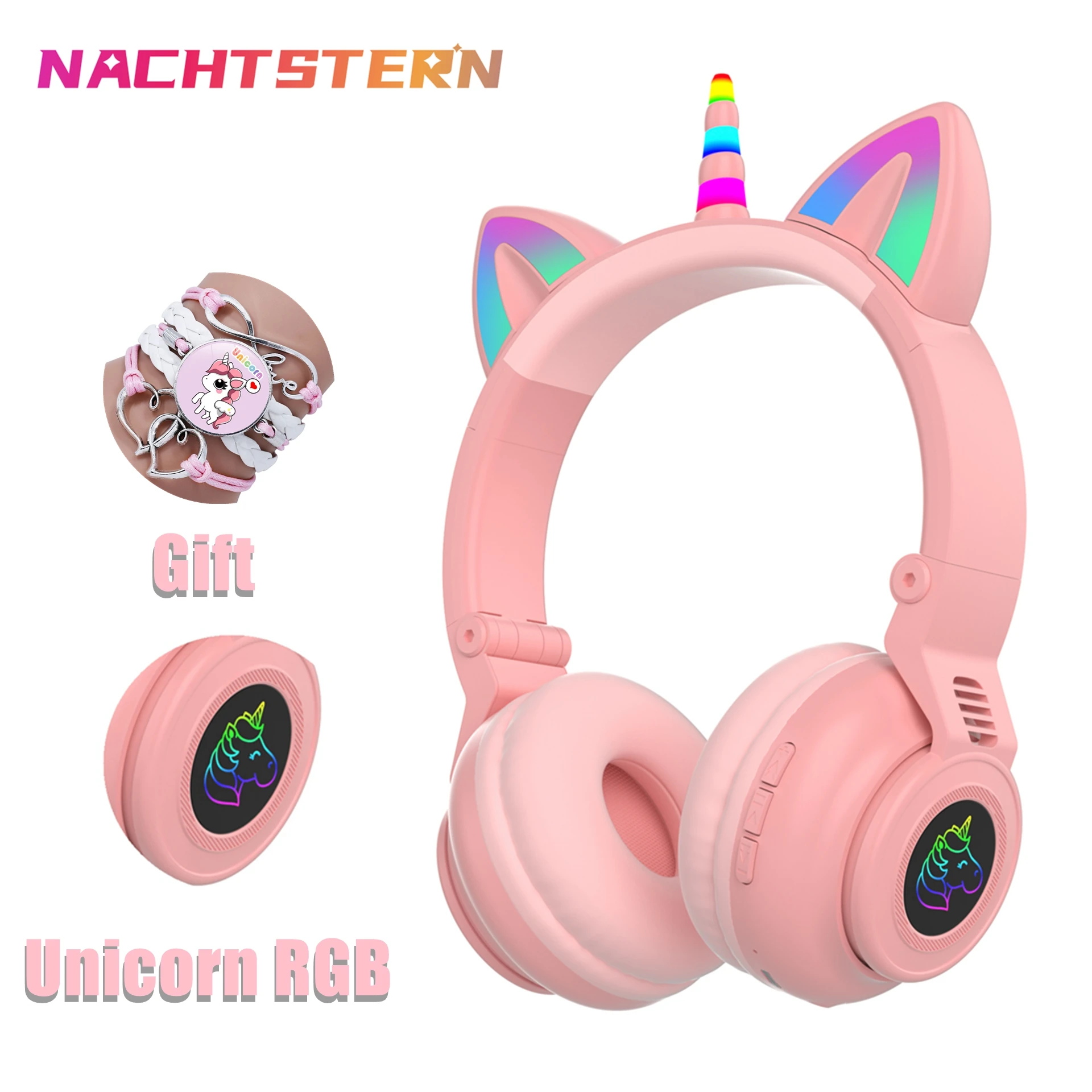 RGB Unicorn Kids Wireless Headphones With Mic,Control RGB Light Girls Music Stereo Earphone Mobile Phone Children's Headset Gift