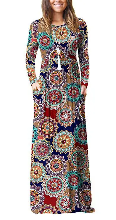 Autumn / Winter 2020 Printed Long Sleeve Pocket Dress Round Neck Waist Skirt