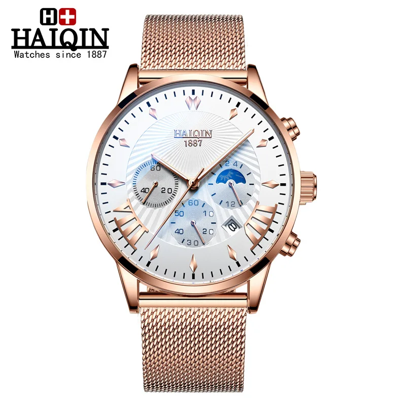 Gold white HAIQIN модные бизнес Топ брендовые Роскошные мужские часы с сетчатым РЕМЕШКОМ НАРУЧНЫЕ ЧАСЫ Мужские кварцевые часы Reloj hombres Новинка - Цвет: Gold white