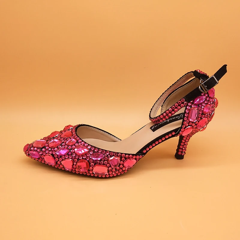 Розовые свадебные туфли и сумки BaoYaFang Fuschia с кристаллами обувь ремешком на