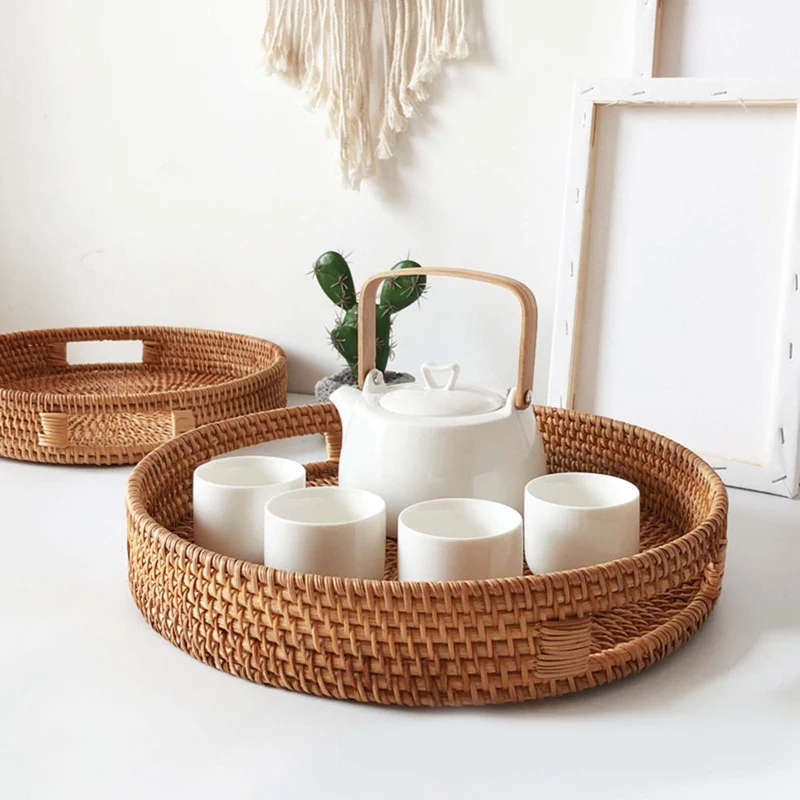 

Round Rattan Woven Serving Tray Cracker Tea Storage Tray Bread Basket Storage Snack Fruit Plate Hotel Essential Tray With Handle