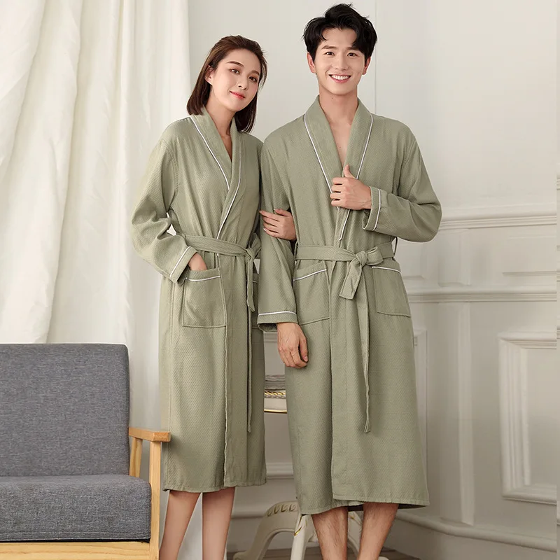 100% Cotton robe waffle long size bathrobes cotton layer warm couple nightgown water absorbent bathrobe