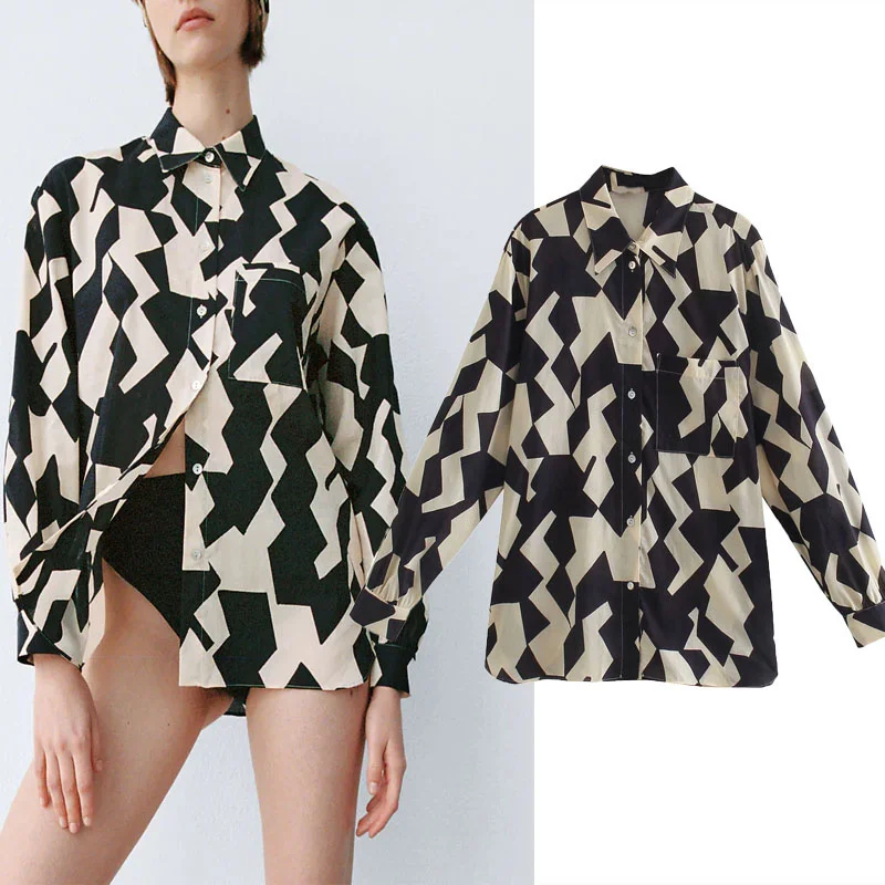 

Женская рубашка с накладным карманом Za, Повседневная рубашка с отложным воротником и длинным рукавом, с накладным карманом и асимметричным ...