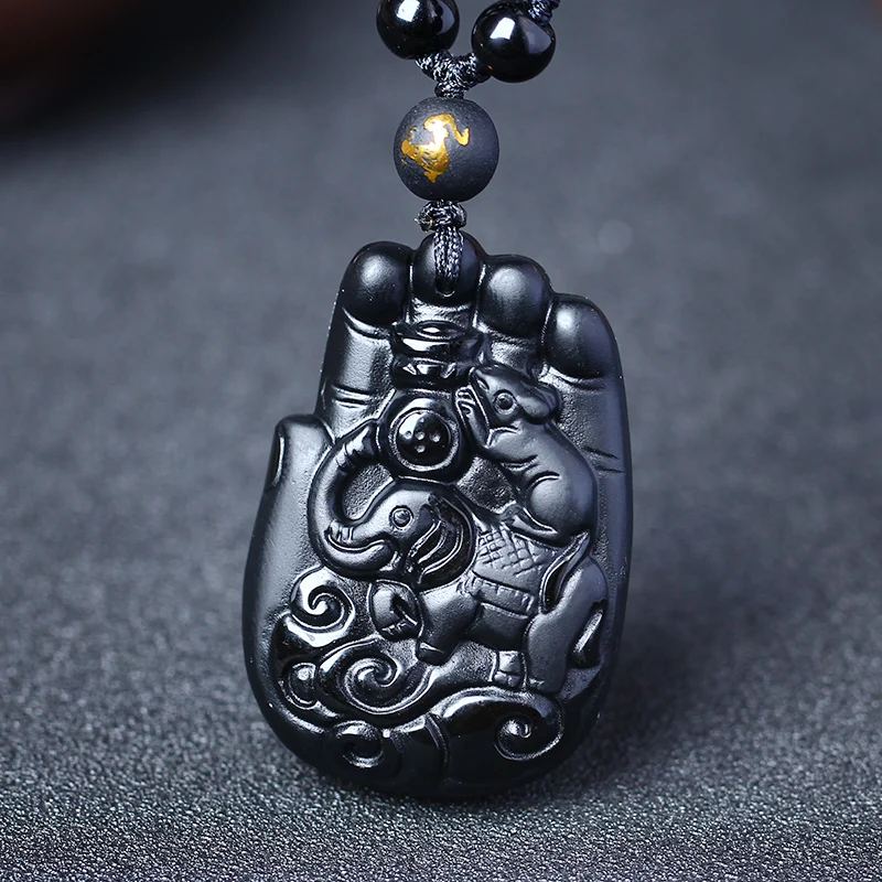 Натуральный черный обсидиан бусы ожерелье ручной работы Зодиак слон крыса