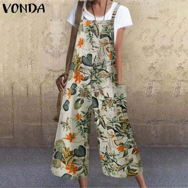 VONDA Summer Loose Rompers Women Jumpsuits 2021 Sexy Sleeveless Vintage Printed Tank Playsuits OL Office Overalls Pantalones |