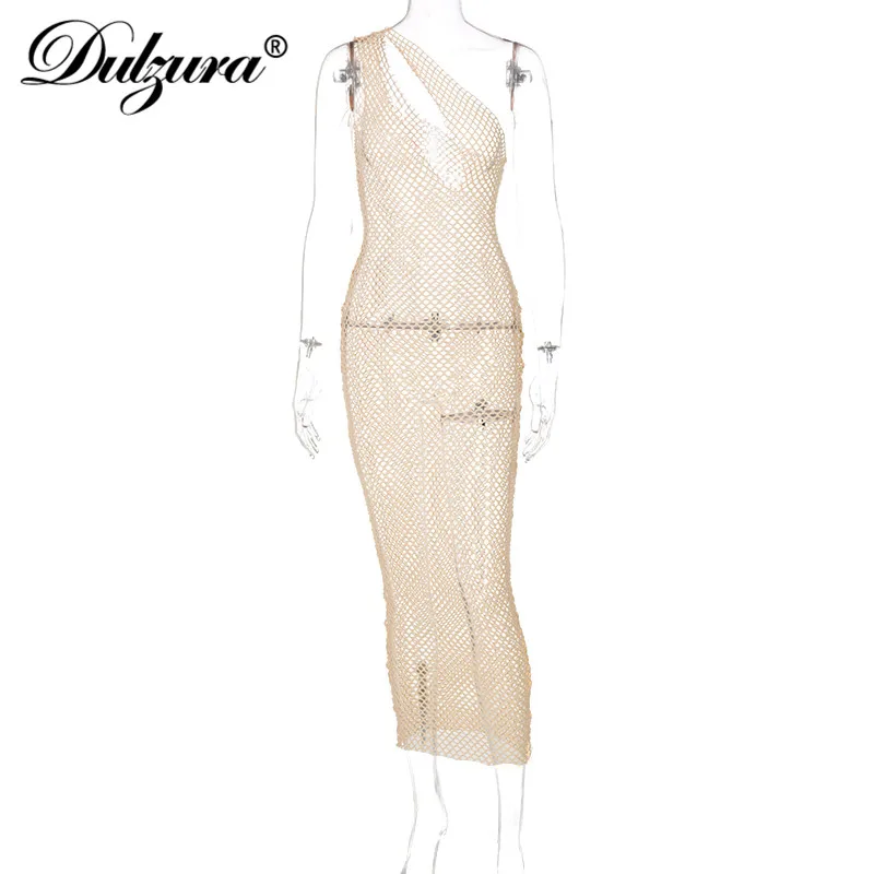 

Dulzura Hollow Out Fishnet Single Shoulder Midi Dress See Through Sheer Streetwear Party Club Bodycon Sexy 2021 Summer Clothes