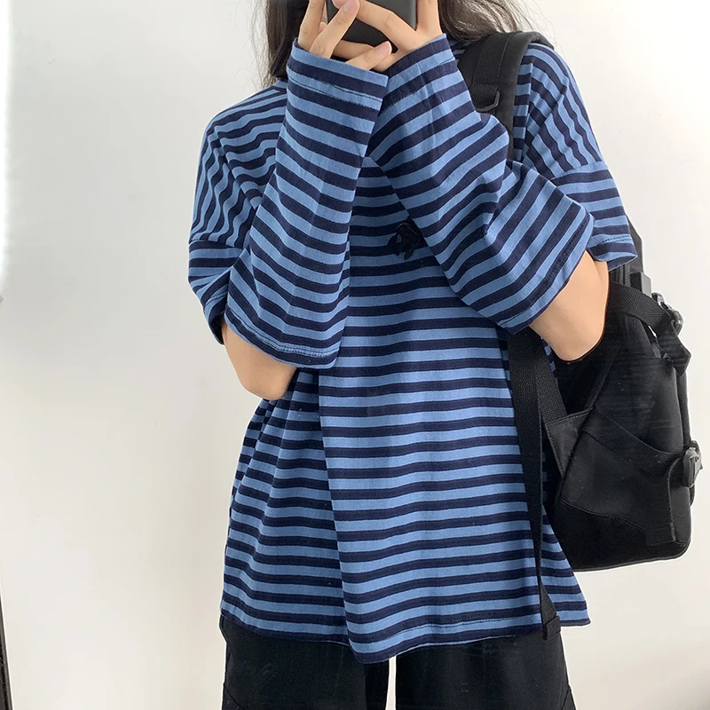 2019 Осень корейский стиль полосатые свободные рваные футболки с длинными