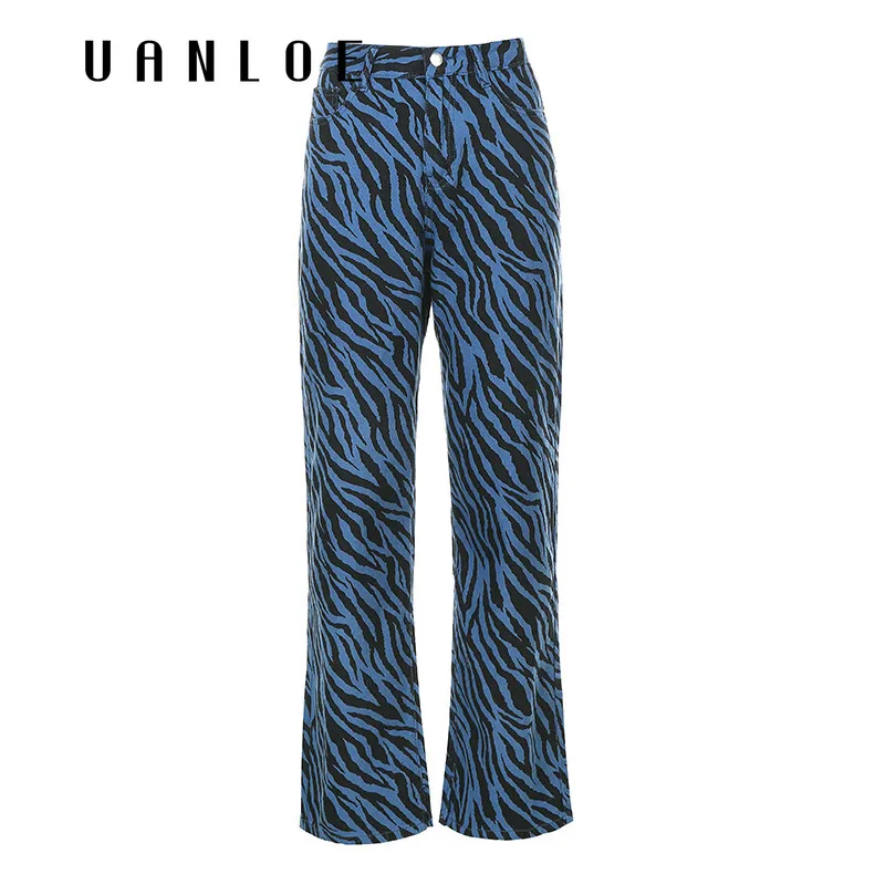 

UANLOEZebra Stripes Print Women's Jeans E-girl 90s Vintage High Waist Denim Pants Female Loose Fashion Cargo Straight Trousers