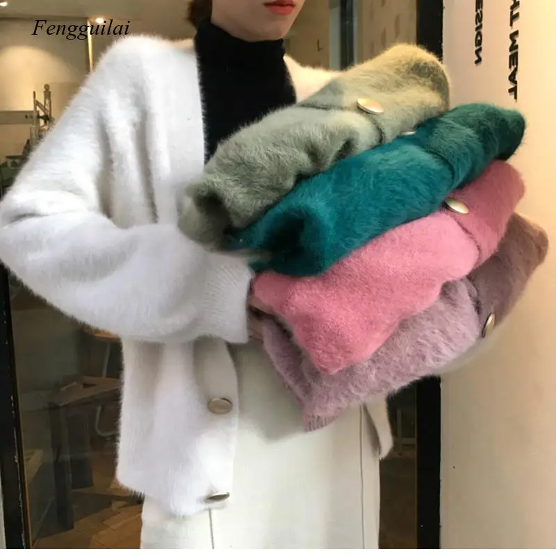 

Women's Jacket Coat Elegant Loose Ladies Knitted Cardigan Lantern Sleeve Mohair Sweater Autumn and Winter Women's Fluffy Jacket