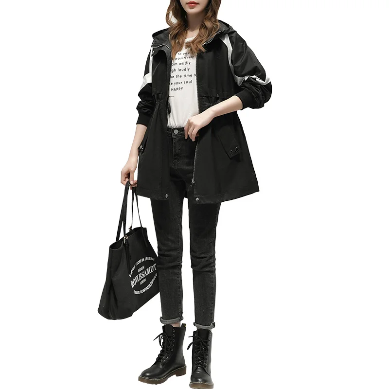 

Women Streetwear Casual Trench Coat Spring Autumn Fashion Korean Oversize Hooded Long Coats Woman Patchwork Plus Size Jacket
