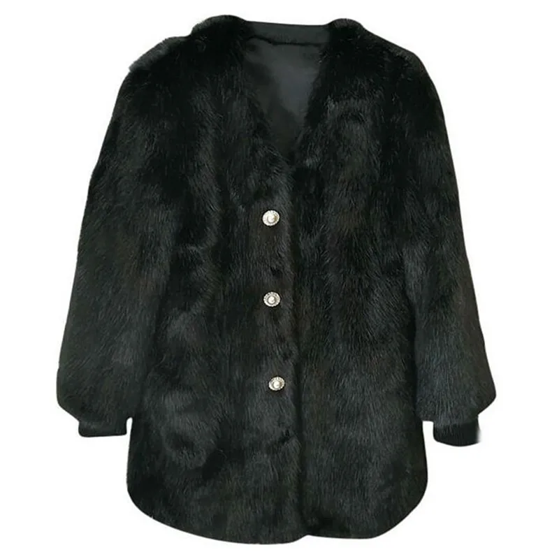 

2019 Winter Chic V neck Hairy Shaggy Faux Black Fur Coat Pearl Buttons Long sleeve Furry Fur Women Jacket Mid Long Outerwear