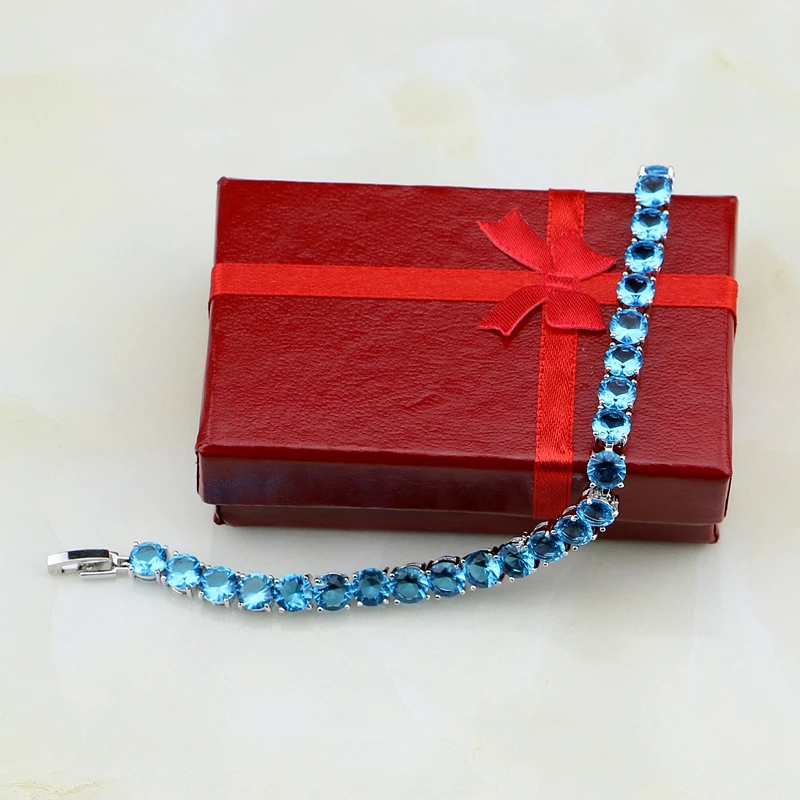 

Precious Round Sky Blue Australian Crystal 925 Sterling Silver Chain Link Bracelet Charm Vintage For Women Christmas Gift