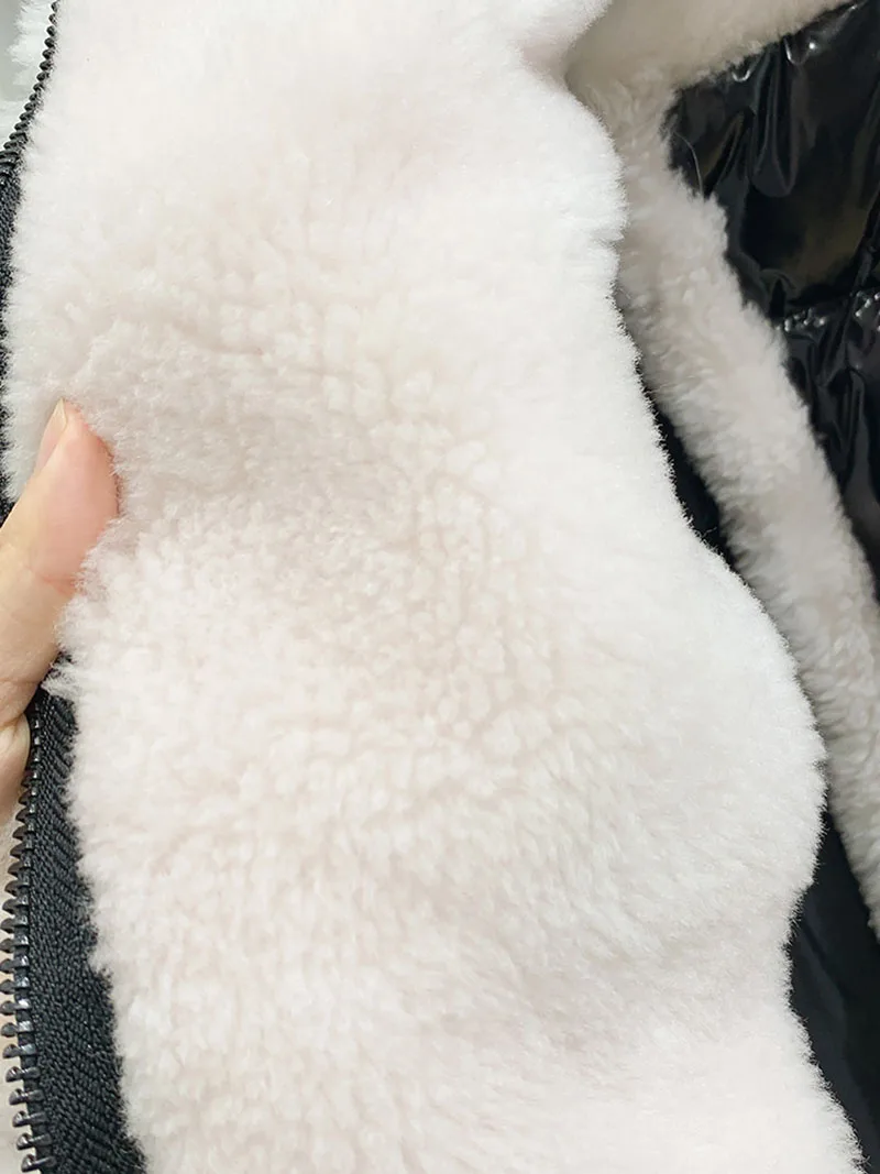 Женский глянцевый пуховик зимняя теплая парка шерстяное пальто из овечьей