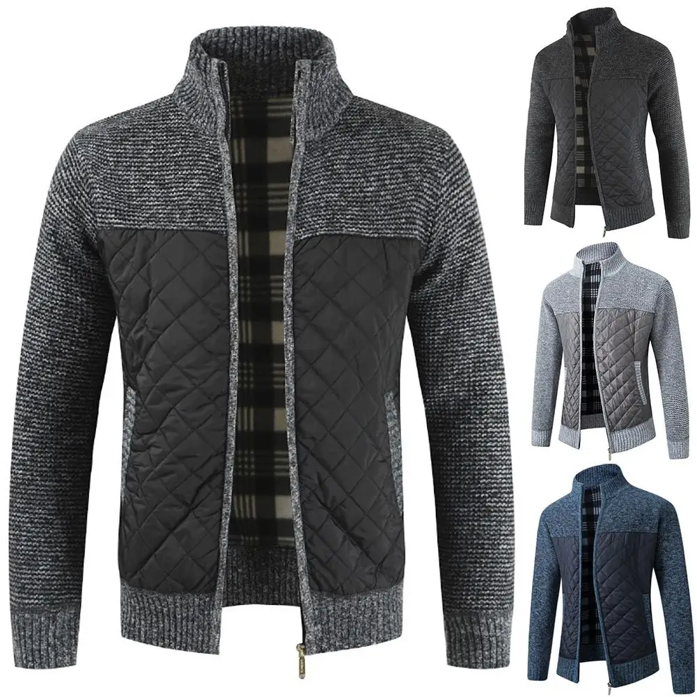 Casual Men Autumn Zip Thick Knitted Sweater Pockets Warm Slim Cardigan Coat  - buy with discount