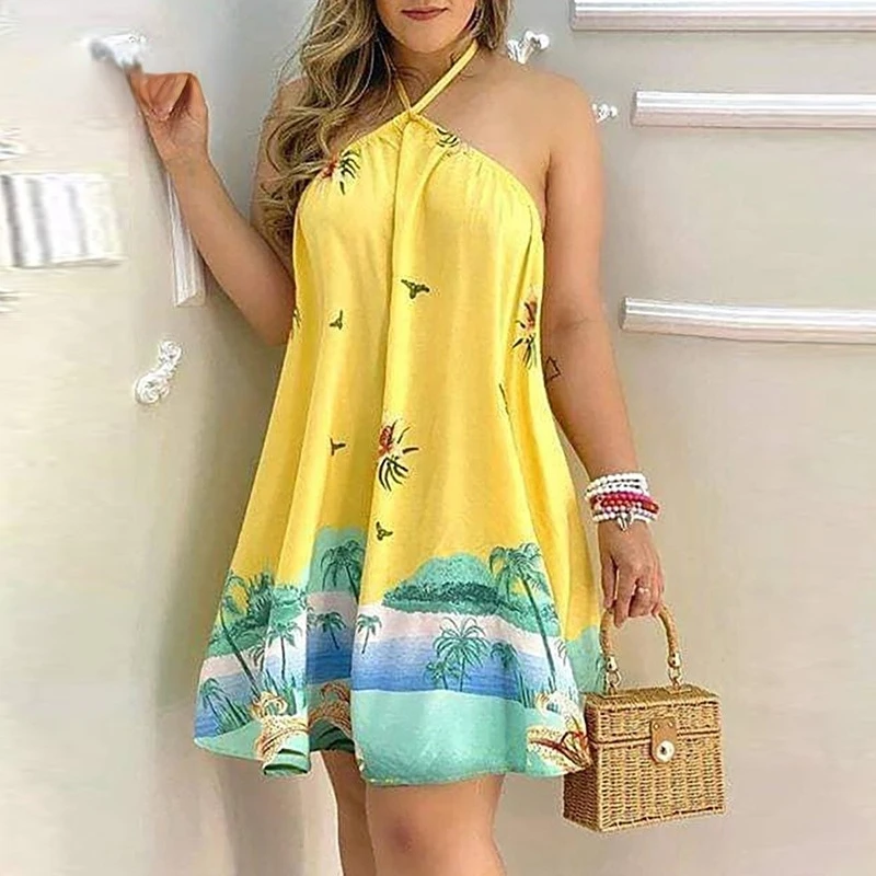 

2022 Sexy Vestidos Sling Halter Big Backless Mini Straps Dress Summer Elegant Floral Print Dress Women Fashion Party Dresses 3XL