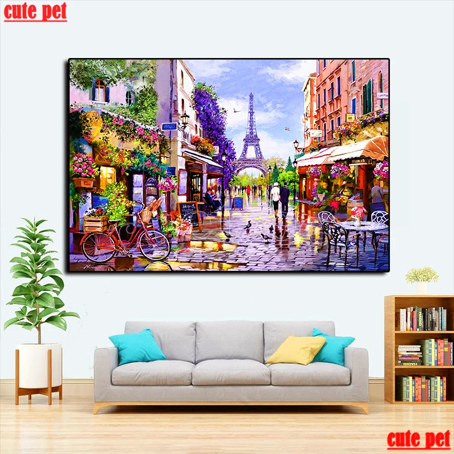 

full drill round square Flower Market Paris tower Street Crystal Paintings Diamond Embroidery 5d Diy diamond painting Mosaic