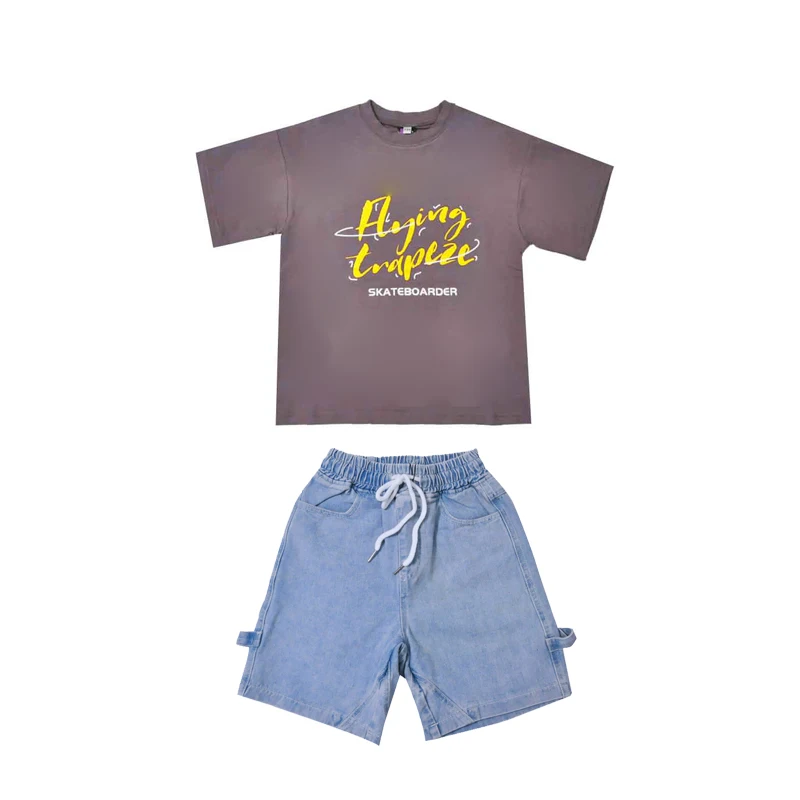 

Children'S Short-Sleeved Denim Shorts Hiphop Outfits Boys Jazz Dance Costumes Girls Hip Hop Dance Performance Clothing 120-170CM