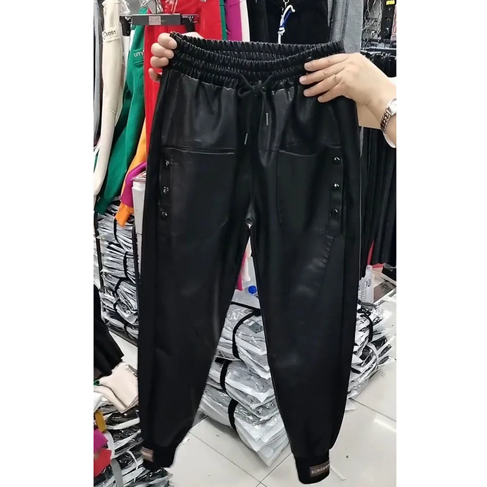 Black winter warm thick PU leather high waist Women's Capris harem pants for women baggy pants woman trousers  images - 6