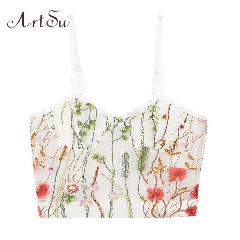 Топ с цветочной вышивкой ArtSu 2019 сетчатый топ бюстгальтер без косточек на тонких
