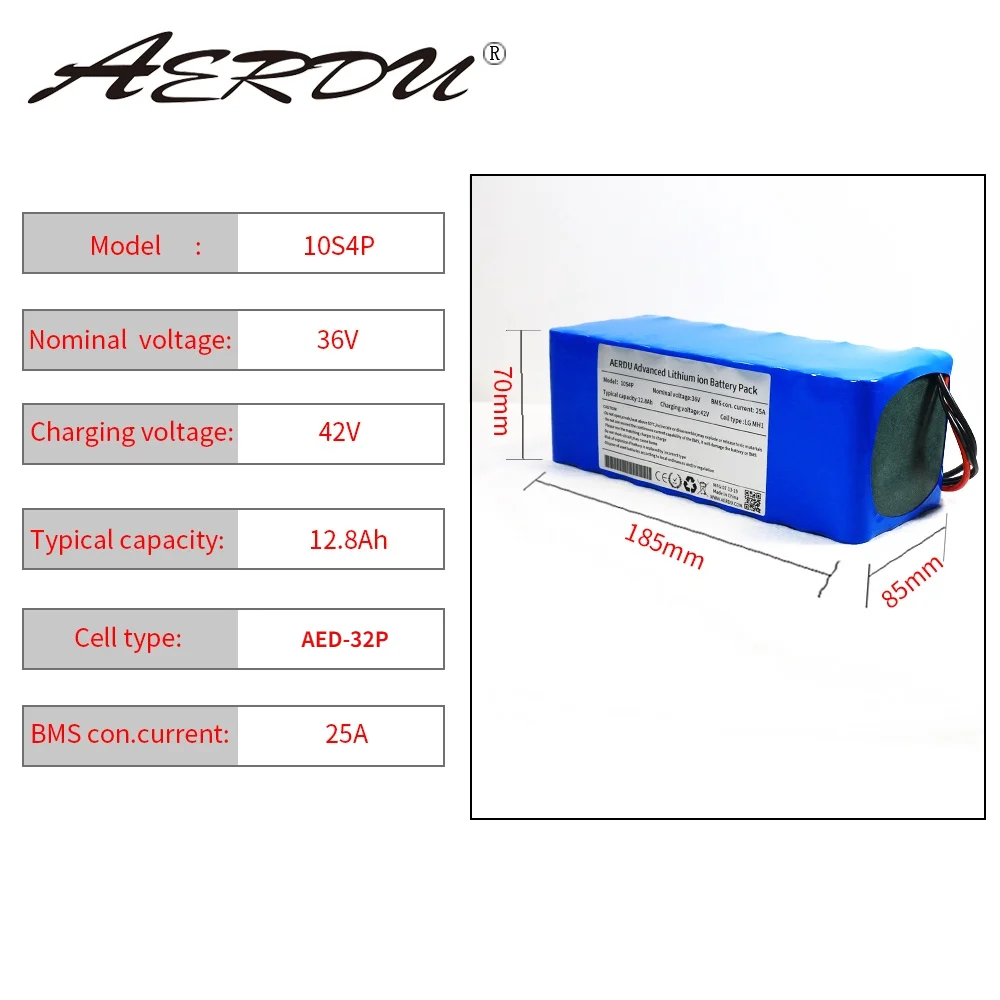 

AERDU 36V 10S4P 12.8Ah 18650 3200mah 13ah 12ah with 25A BMS 42V Lithium Battery Pack Ebike Electric Car Bicycle Motor Scooter