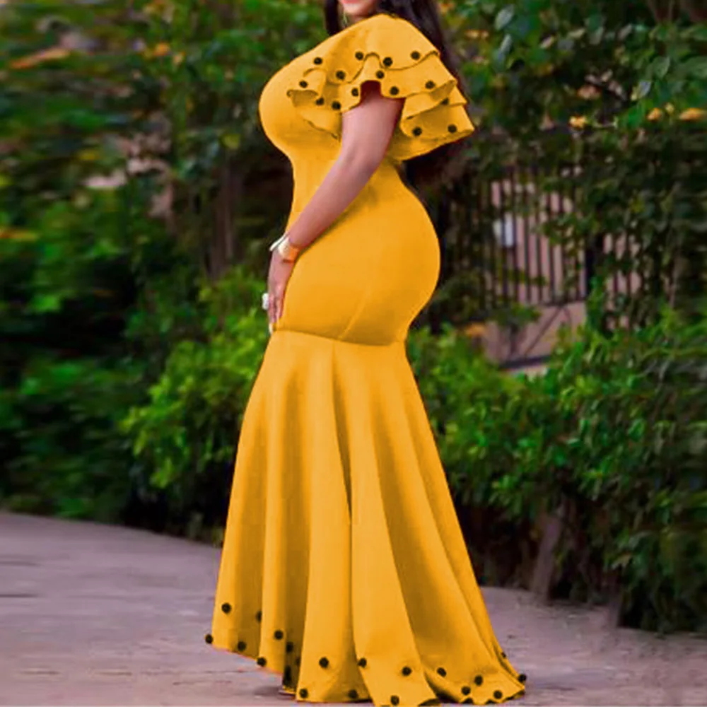 

Elegant Mermaid Dinner Party Dress Women Summer 2021 Sexy Beading Butterfly Sleeve Long Robe Femme African Yellow Maxi Vestido