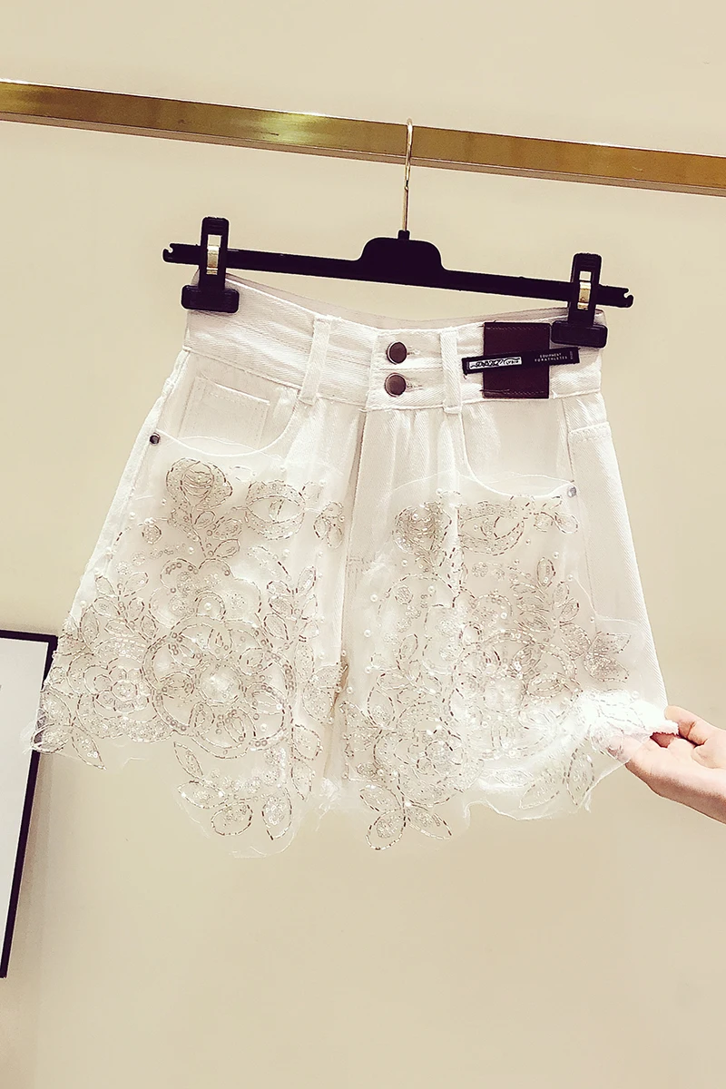

Fashion Beads White Jeans Women's High Waist Summer Fashionable Girl Denim Shorts Female A Line Wide Leg Denim Pants