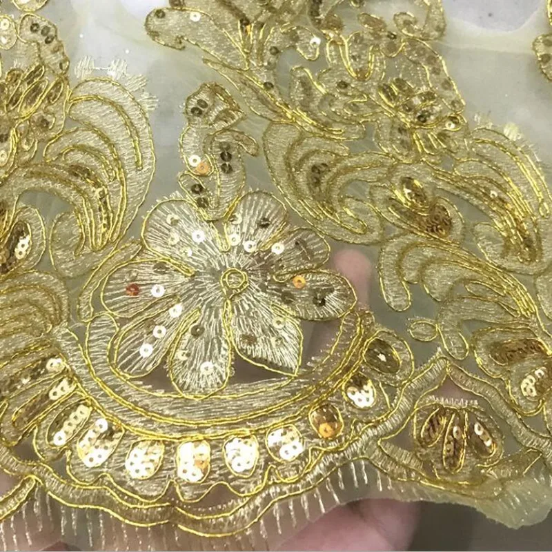 

zsbszc sequin Embroidered mesh lace trim gold thread polyester width 32cm handmade DIY Wedding gown clothing accessories ZD136