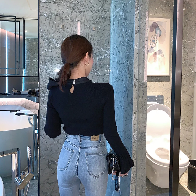 

Bow Flare Long Sleeve Slim Pullover Korean Sweet Style Solid Knitted Sweater New Fashion Ladies Tops Winter Clothes Women Ins