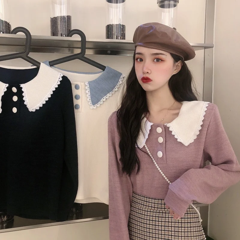 

Свитер с кукольным воротником, женская рубашка на весну и осень, новый корейский нежный дизайн, Топ