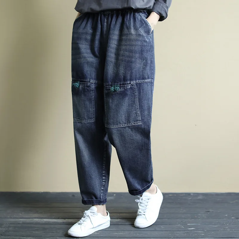 Женские джинсы в стиле ретро Свободные повседневные брюки из денима с поясом на