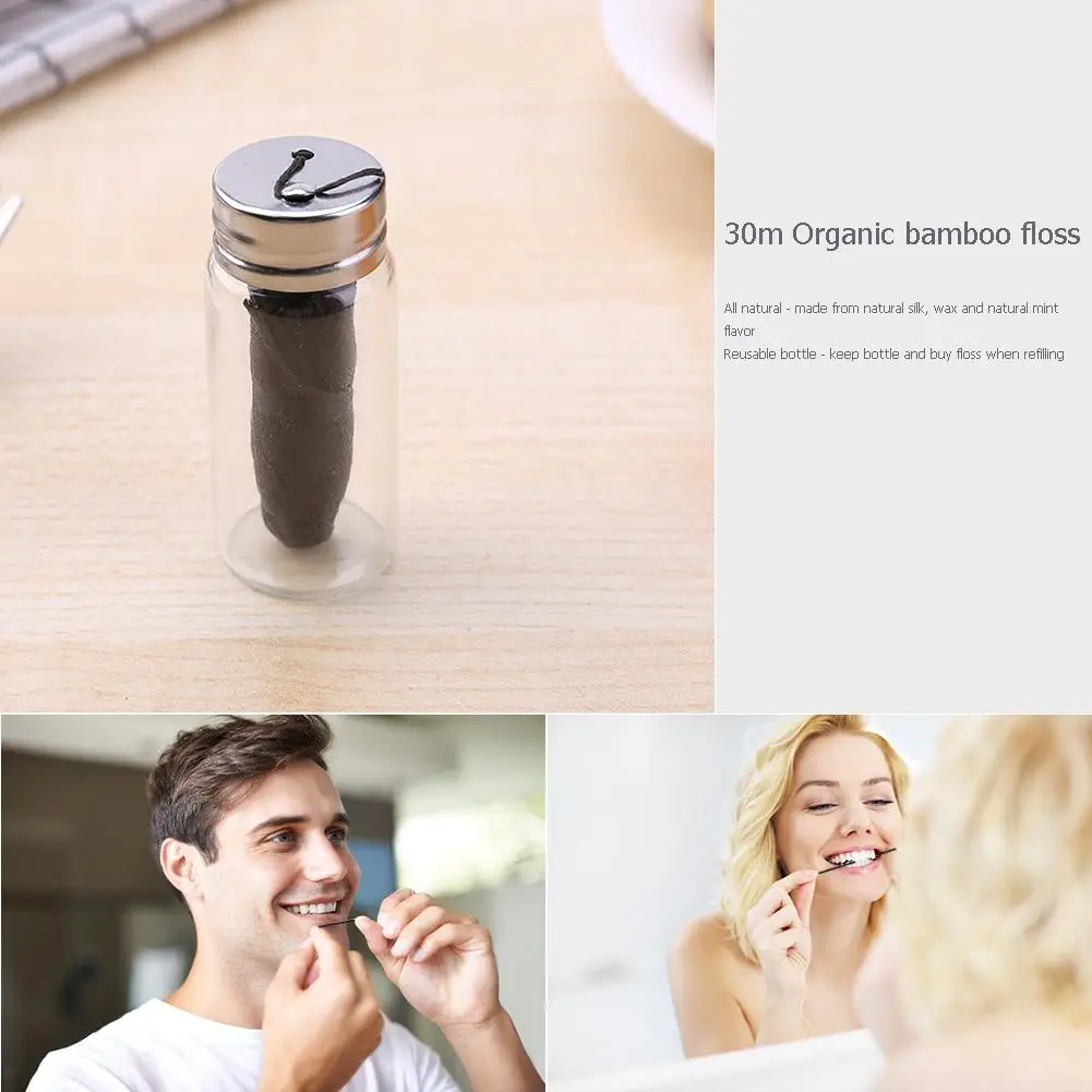 

30m Organic Bamboo Fibre Dental Floss Temperature Resistance Simplicity Security Natural Activated Charcoal Floss with Jar
