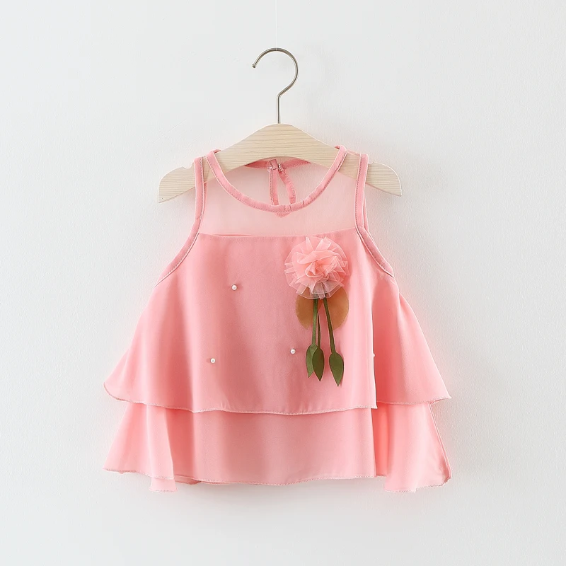 

Summer Kids Dress With Flower Fashion Solid Color Baby Chiffon Net Yarn Shirt Children Pearl Vest Dress