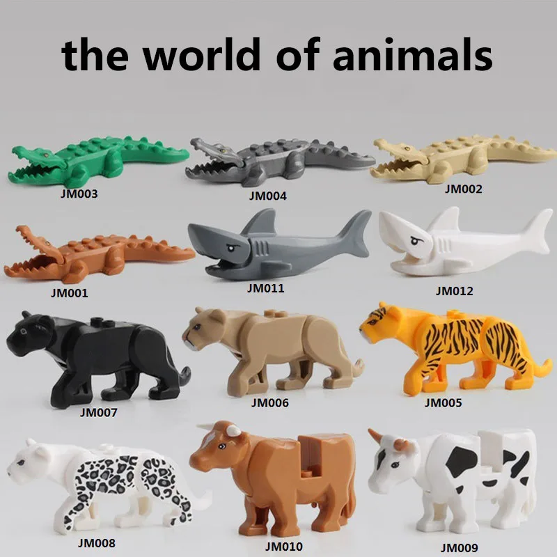 animalworld Panther Snow Leopard Crocodile Tiger Animal Cow Cattle Horse Shark Model Building Blocks Set Bricks kits Bricks Toys