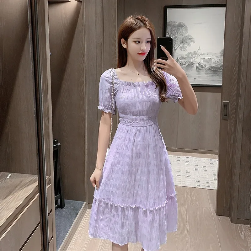 

Новинка лета 2021, приталенное платье средней длины во французском стиле с квадратным воротником и пышными рукавами, Женская юбка с коротким ...