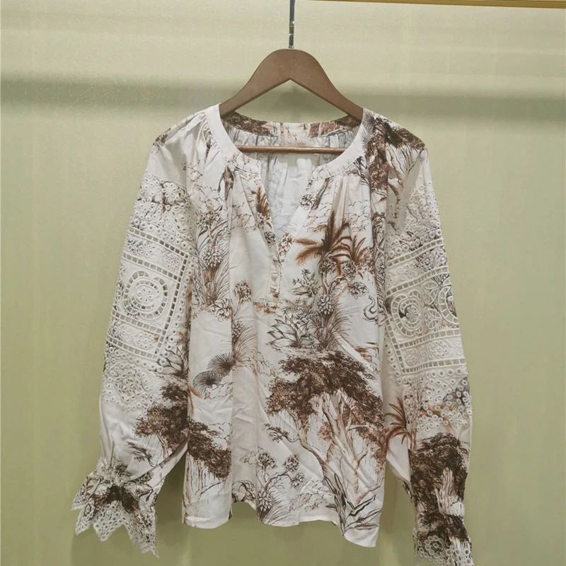 

Women Shirt 2020 Autumn and Winter New Embroidery Hollow Lace Edge Petal Sleeve V-neck Shirt Women