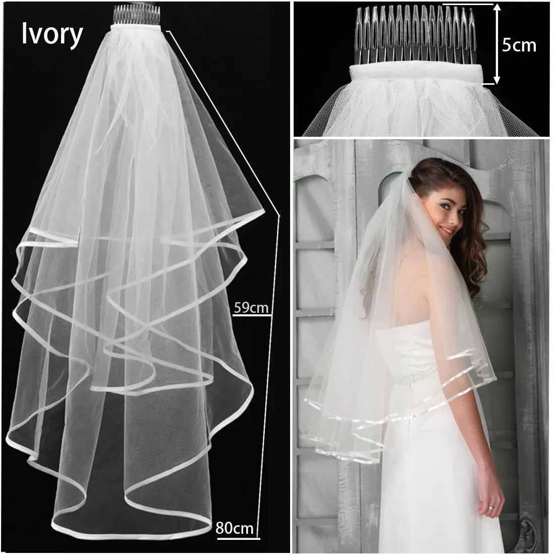 

New 2T White or Ivory Wedding Bridal Veil With Satin Edge Comb Elbow Elegant