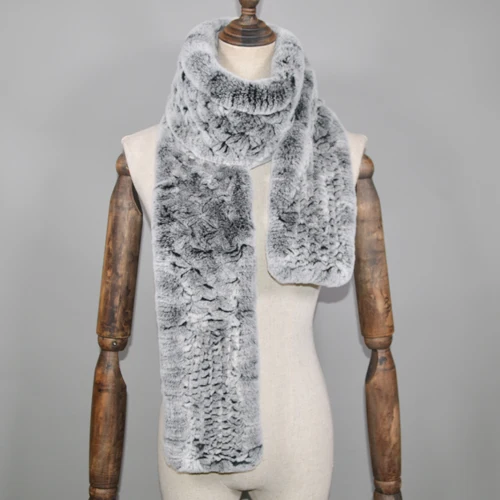 gray Winter Long Style Women Real Rex Rabbit Fur Scarf Rex Rabbit Fur Warm Soft Ring Scarfs High Quality Knit Rabbit Fur Scarves - Цвет: gray