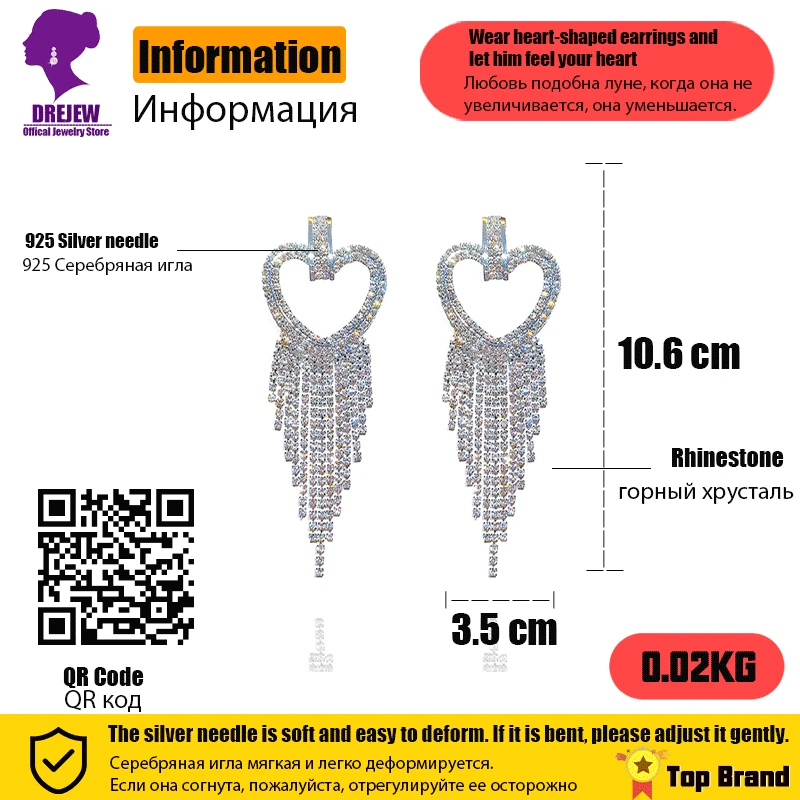 

DREJEW Gold Silver Lover Heart Luxury Rhinestone Statement Earrings Fashoin Big Long Tassel 925 Drop Earrings for Women Wedding