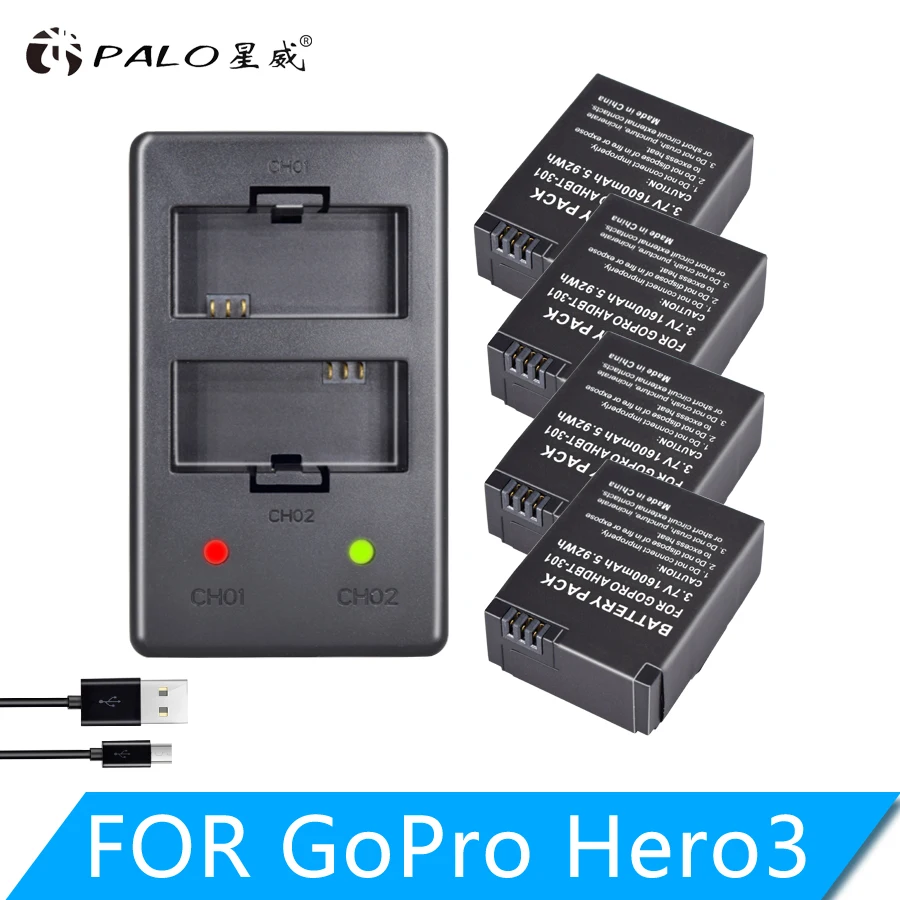 4 шт. аккумулятора для камеры Palo 3 7 в + двойное зарядное устройство USB Gopro Hero 3/3