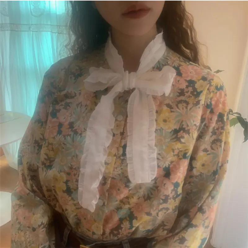 

Women Office Lady Ruffles Lace-Up 2021 High Street Fresh Vintage Elegant Girls Shirts Female Chic Tops