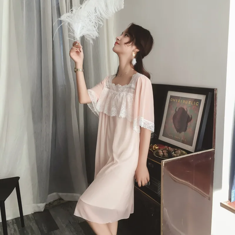 

2021 New LOVELY Mesh Home Dressing Gown Princess Homewear Nightgown Short Sleeve Sleepwear Nightwear Lace Women Nightdress