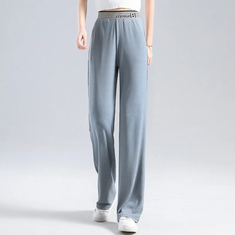 

Solid Ice Silk Summer Cool Bondage Pants Casual Sash Women Beach Trousers High Waist Wide Leg Loose Ladies Plus Size Pants 2021